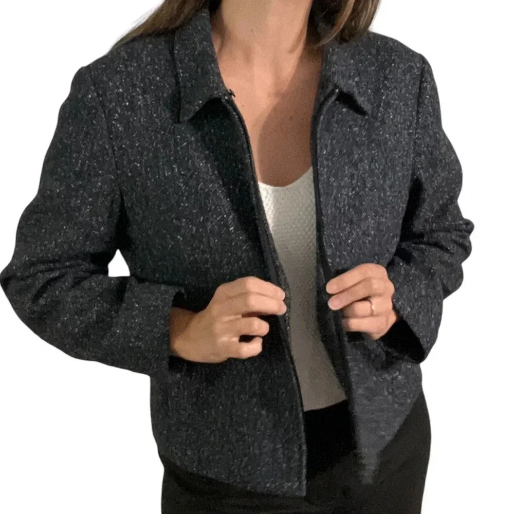 Vintage Talbots Herringbone Tweed Zip Jacket. blue black wool silk blazer zipper